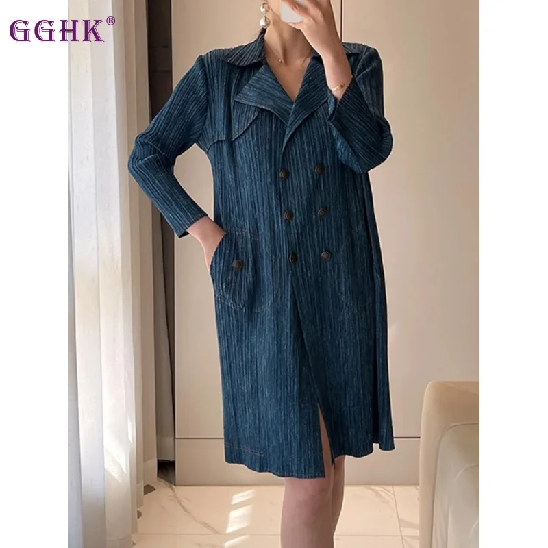 

GGHK Miyake Pleated Trench Coat Women Lapel Full Sleeve Double Breasted Medium Long New 2024 Spring Outwear Vintage Style