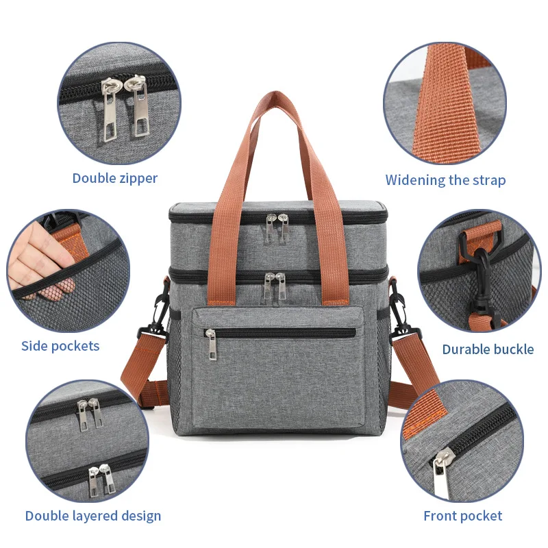 Large Capacity Double Layers Tote Cooler Lunch Bags Thermal Insulation Picnic Bags Waterproof Lunch Box with Shoulder Strap lunch cooler bag cooler bag lunch bag electric lunch box