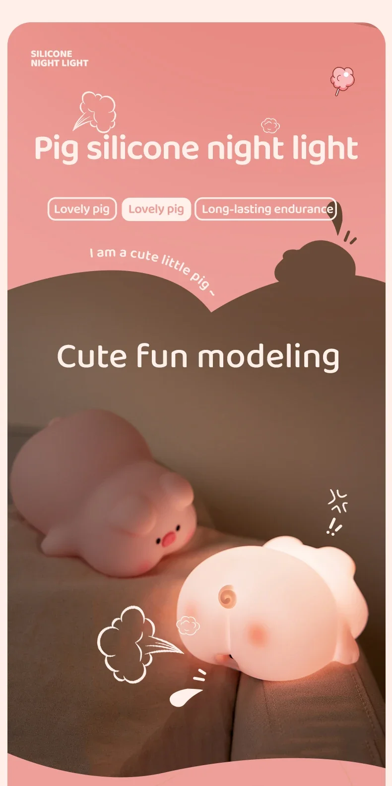 Description Picture 2 of itemSilicone Pig Table Lamp Led Night Light Rechargeable Nursery Mood Light Bedside Desk Bedroom Decoration Kid Birthday Gift Cute