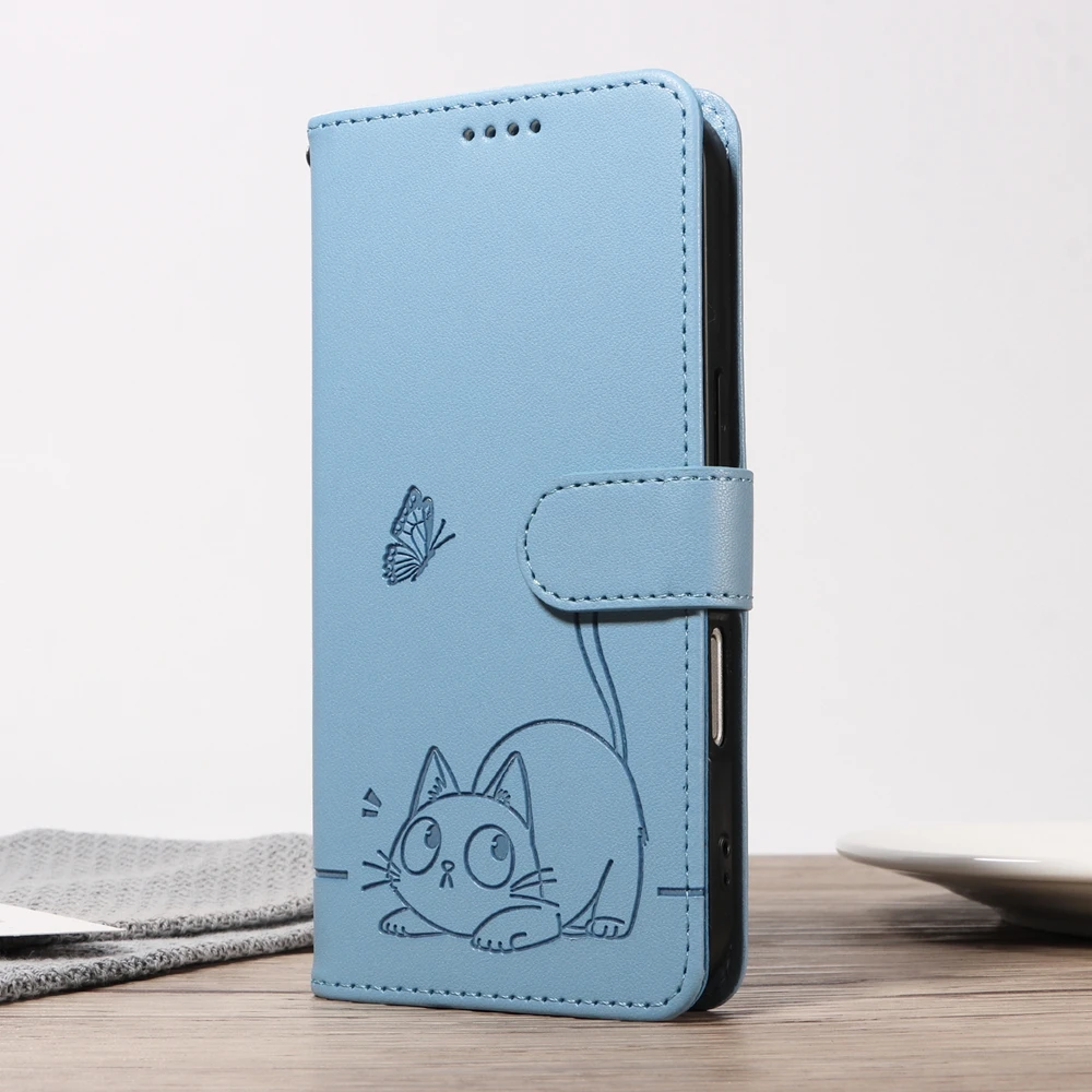 Premium Magnetic Leather Wallet Case with Cat and Butterfly Embossed Design