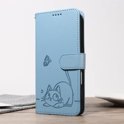 Premium Magnetic Leather Wallet Case with Cat and Butterfly Embossed Design - iPhone 14 Pro (Blue)