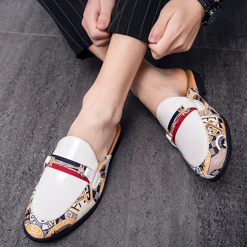 Summer semi-drag breathable sandals men's casual shoes fashion loafers handmade shoes pointed-toe casual leather men's shoes