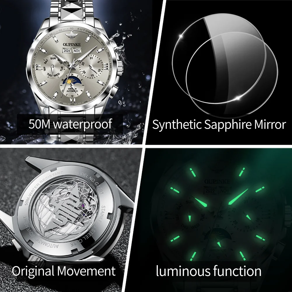OUPINKE 3201 Moon Phase Watch For Men Waterproof Date Male Automatic Mechanical Man Wristwatch Luxury Brand Original Men's Watch