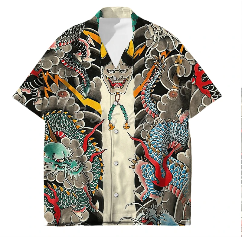

Men's Hawaiian Shirt Vacation Samurai Japanese Tattoo 3D Printed Shirts For Men Fashion Summer Harajuku Casual Oversized Shirts