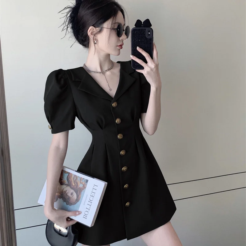 Retro French Temperament Waist-hugging Slim Suit Dress Summer 2025 New Solid Color Short Skirt 2