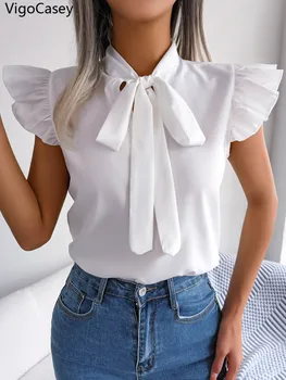 VigoCasey 2026 Female Elegant Tied Bow Chiffon Shirt Women Solid Ruffle Sleeveless Top Summer Office Lady Pullover Tops Clothes 1