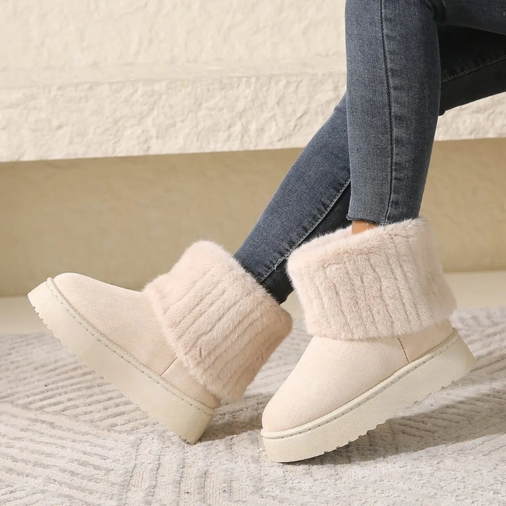Large size thick-soled snow boots women's 2024 winter new sleeve piled warm medium tube flanged fluffy cotton shoes