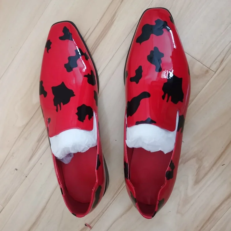 Loafers de couro de patente vermelho loubuten brilhando sapatos de vestido dos homens apartamentos sapatos de casamento de festa de luxo sapatos de grife para homem