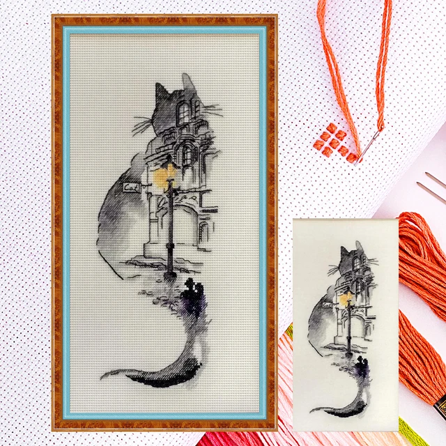 Analyste de point de croix de construction de chat d'encre bricolage, ensemble de broderie partielle comptée, artisanat, 14ct 3