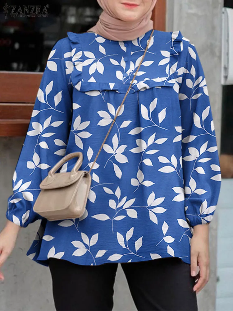 

Fashion Women O Neck Long Sleeve Muslim Blouse Autumn Ruffles Hem Shirt 2023 ZANZEA Bohemian Floral Printed Abaya Hijab Tops