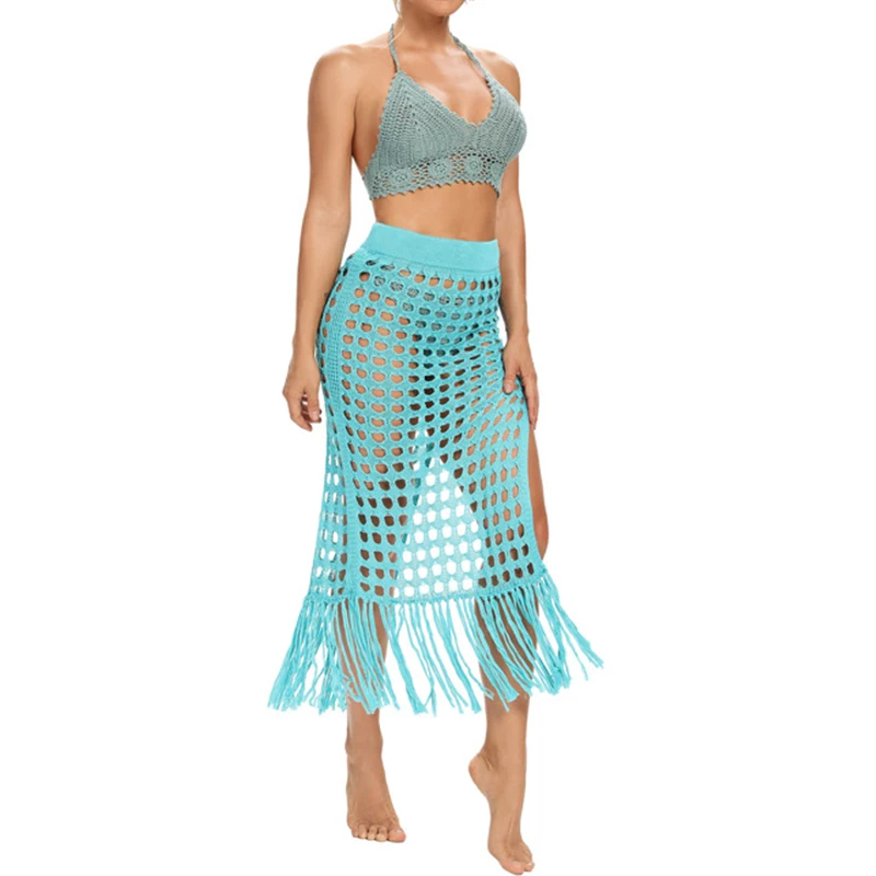 Womens Crochet Bikini Cover Up Skirt Knitted Wrap Maxi Side Split Swimsuit Dress Hollow Out Mesh Beach Swimwear Skirt