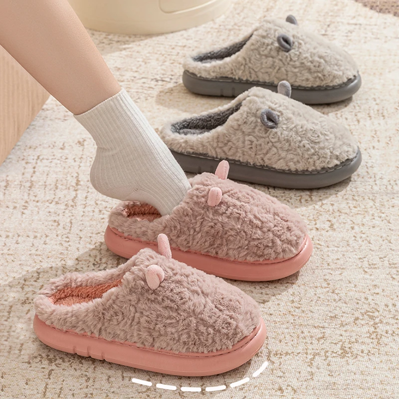 Autumn Winter Cute Fluffy House Slippers Woman Indoor Non Slip Platform Plush Slides Woman Comfy Soft Sole Warm Cotton Shoes