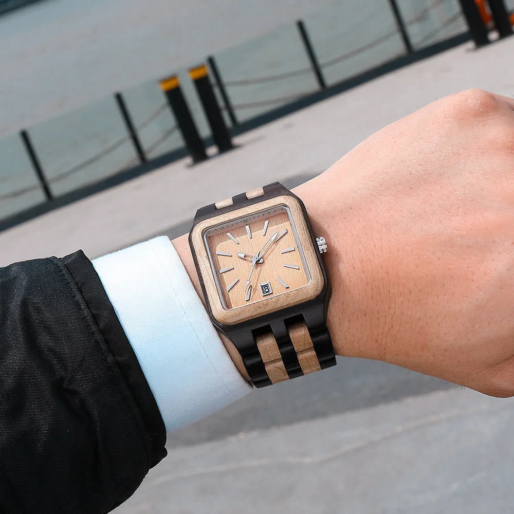 Wooden Quartz Movement Men's Watch Wooden Strap with Automatic Date Square Dial Business Gifts for Men Simple Style Fashion 2021
