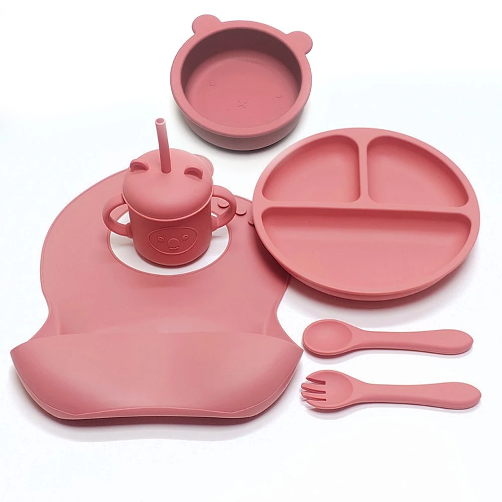 6pcs Children's Silicone Bowl with Compartment Tray and Bib Mug Children's Training Bowl, Fork and Spoon 5