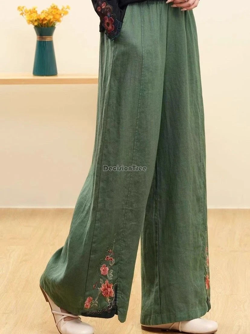 new literature art casual pants chinese ethnic style elastic waist cotton linen trousers embroidery loose wide leg britches