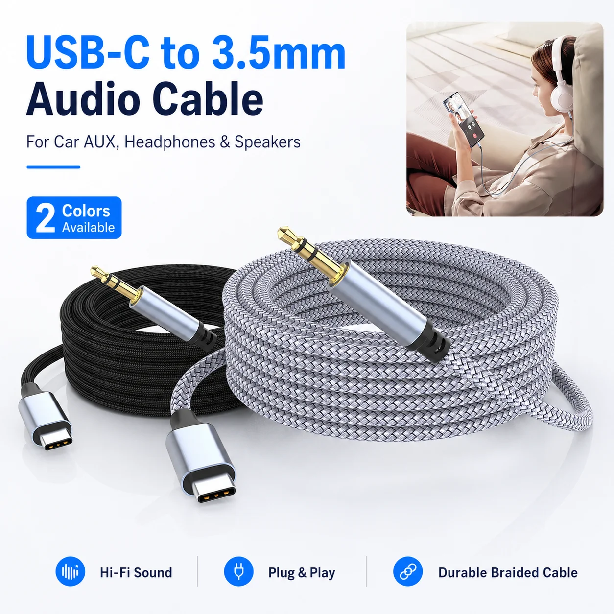 Premium USB-C to 3.5mm HiFi Stereo Audio Adapter – Braided Sound Cable for Headphones & Speakers