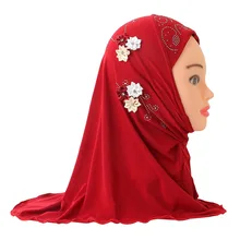 

2022 New Cute Baby Girl Hijab With Flowers Fit 2-6 Years Old Muslim Kids Pull On Islamic Scarf Headscarf