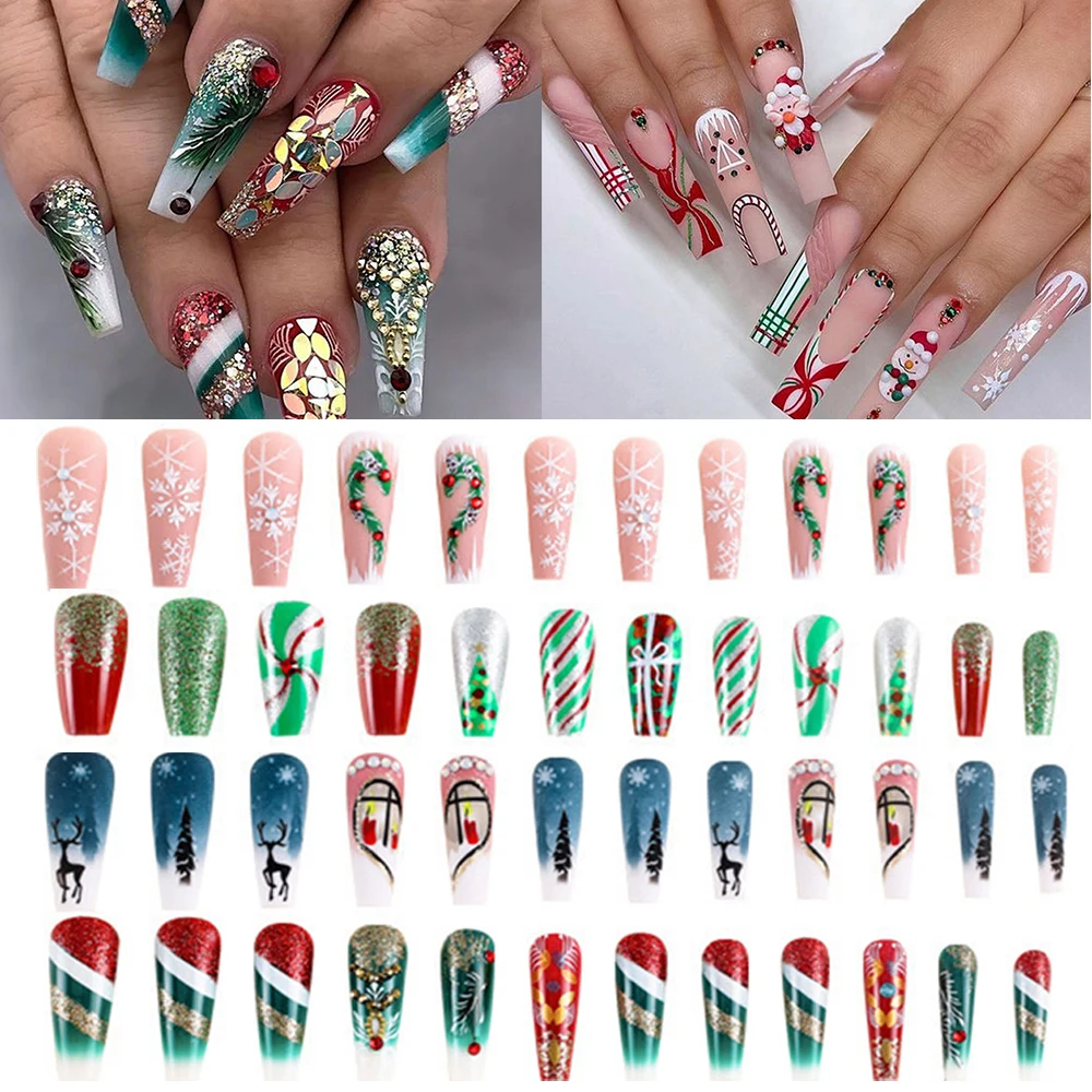 

24pcs Christmas Snowflake False Nails Jelly Nail Sticker Press On Nail Acrylic Fake Nails Full Cover Stick on Manicure Nail Tips