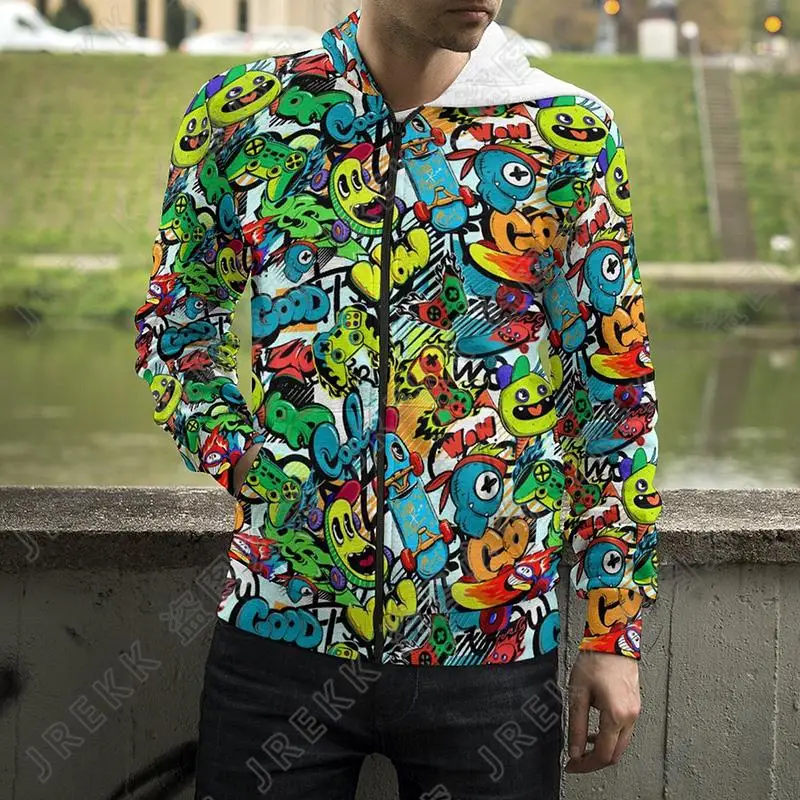 thumbnail image 1 of Sudadera con capucha y estampado 3D de dibujos animados, sudadera con cremallera y letras explosivas, estilo punk y grafiti, para hombres, mujeres y niños, ropa de calle de moda, 1 of 5