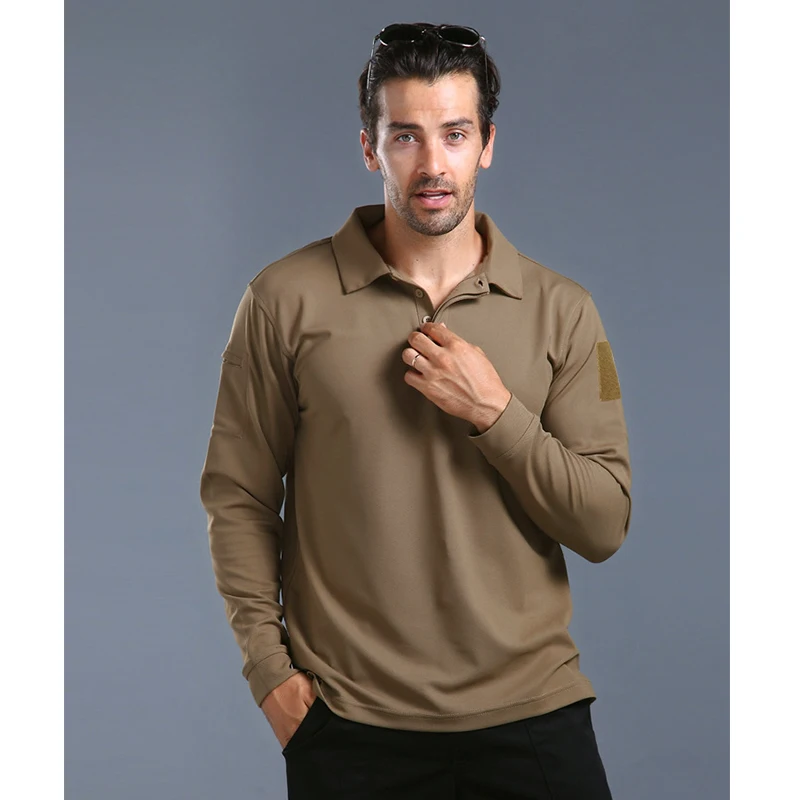Men's Quick Dry Long Sleeve Shirt Tactical Elastic Plain Turn-down T-Shirt Breathable Hiking Clothes Summer Pullover