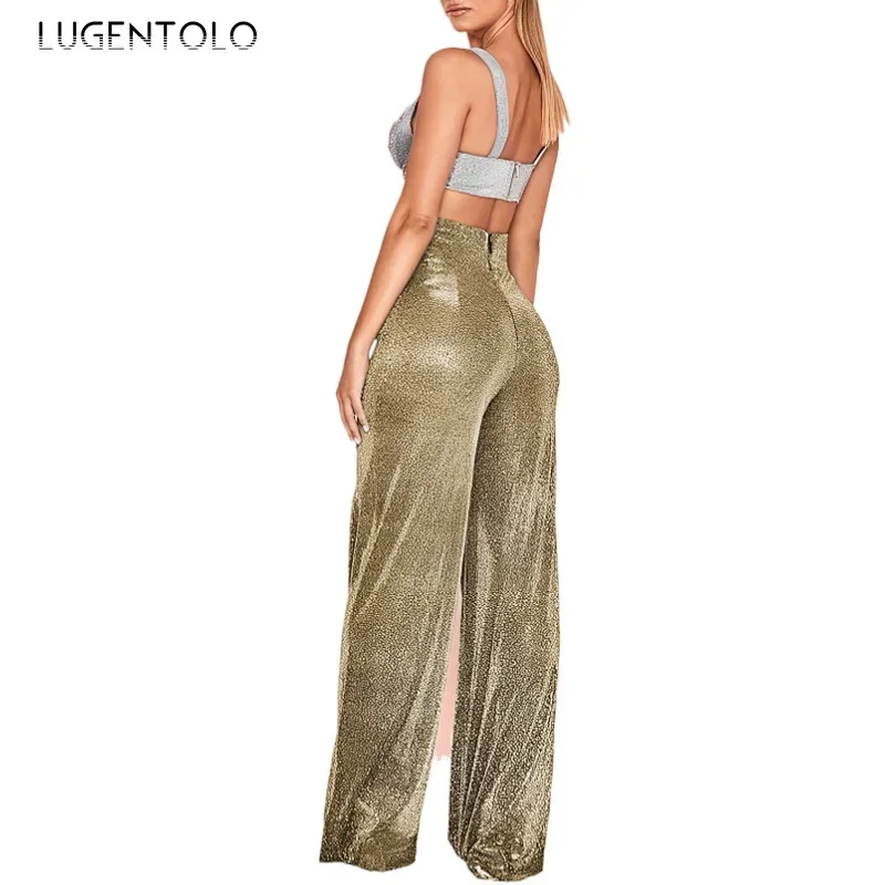 Women High Waist Pants Solid Hot Silver New Fashion Spring Summer Lady Elegant Comfortable Casual Wide-leg Long Clothing