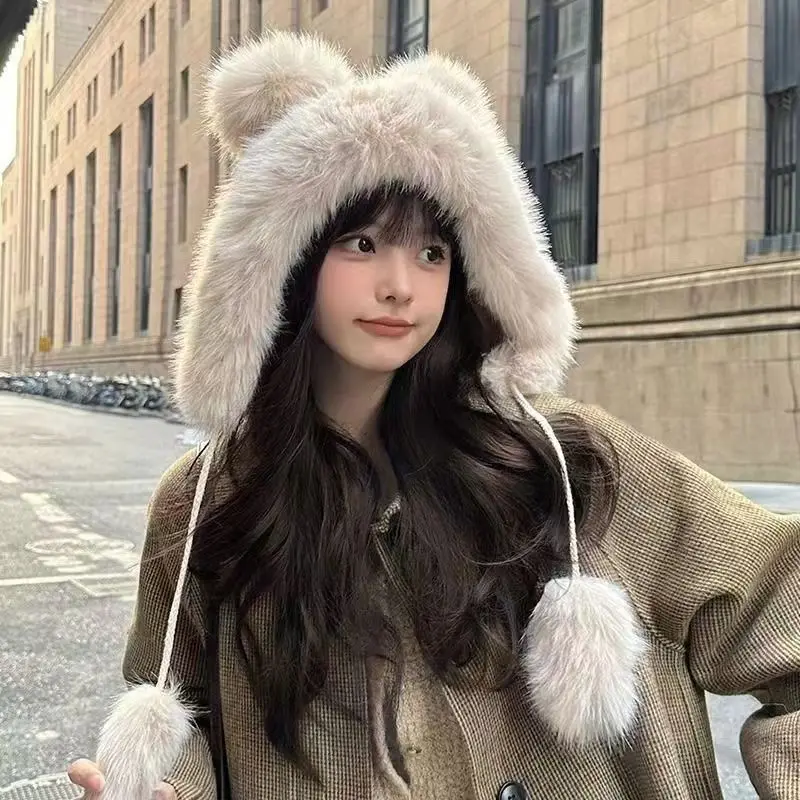 곰 봉제 보넷 어린이 얼굴, 작고 두껍고 따뜻한 귀 보호, 귀여운 모조 여우 모피 우샨카, 가을 및 겨울
