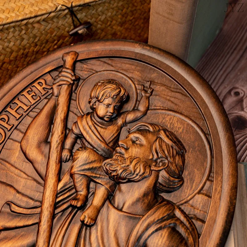 St. Christopher Wood Carving Plaque, Traveler's Patron Saint Statue, Wood Sculpture, Home Wall Decor