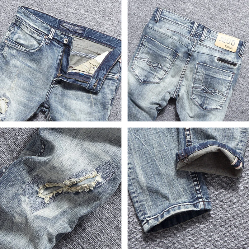 Fashion Designer Men Jeans Retro Gray Blue Slim Fit Stretch Ripped Jeans Men Patchwork Vintage Elastic Casual Denim Pants Hombre