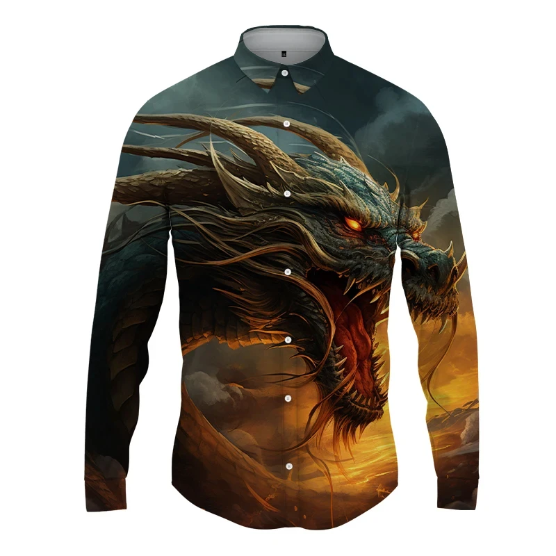 thumbnail image 1 of Nueva ropa de calle para hombre, moda de primavera y otoño, camisa con estampado de dragón 3D y botones para hombre, camisa hawaiana de manga larga para hombre, 1 of 5
