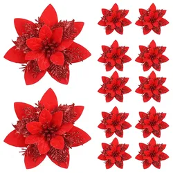 Festive Glitter Artificial Flowers - Christmas Tree Ornaments and Home Decor - Pink, Red, Gold 14.5cm - 5Pcs (Red)