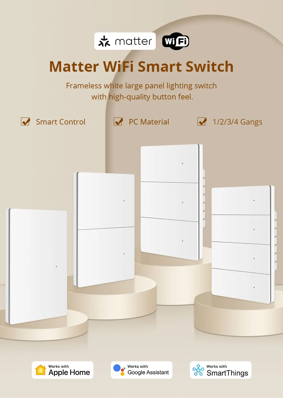 Matter WiFi Smart Wall Light Switch 1 2 3 4 Gangs Flame-retardant PC Material Pa