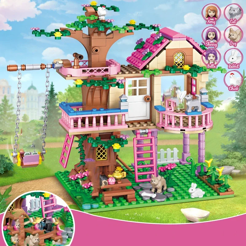 עיר חברים בית עץ קיץ וילה טירה בניית קוביות סטים דמויות גינה צעצועים לילדים בנות מתנת יומולדת