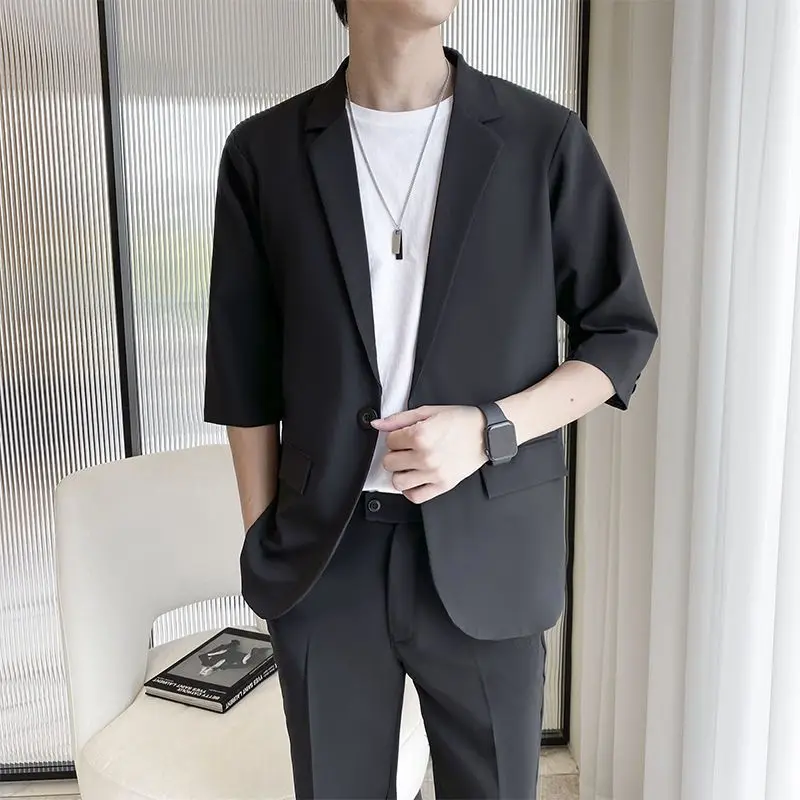 Summer New Three Quarter Suit Jacket 2023 Male  Solid Color Blazers Thin Style Casual Black Loose Button Men's Clothing