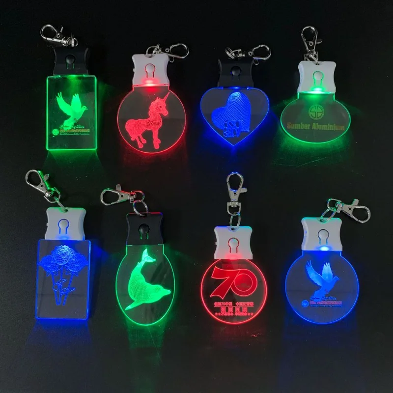 

Customized.product.New arrival customized laser engraved 3D LOGO blank badge card acrylic LED glowing keyring holder lanyard LED