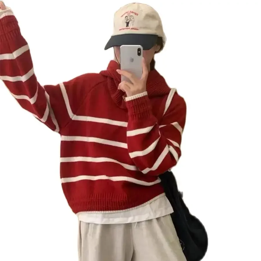 

Vintage red striped Hoodneckwarmer sweater women's fall/winter loose slouchy color pullover sweater top trend
