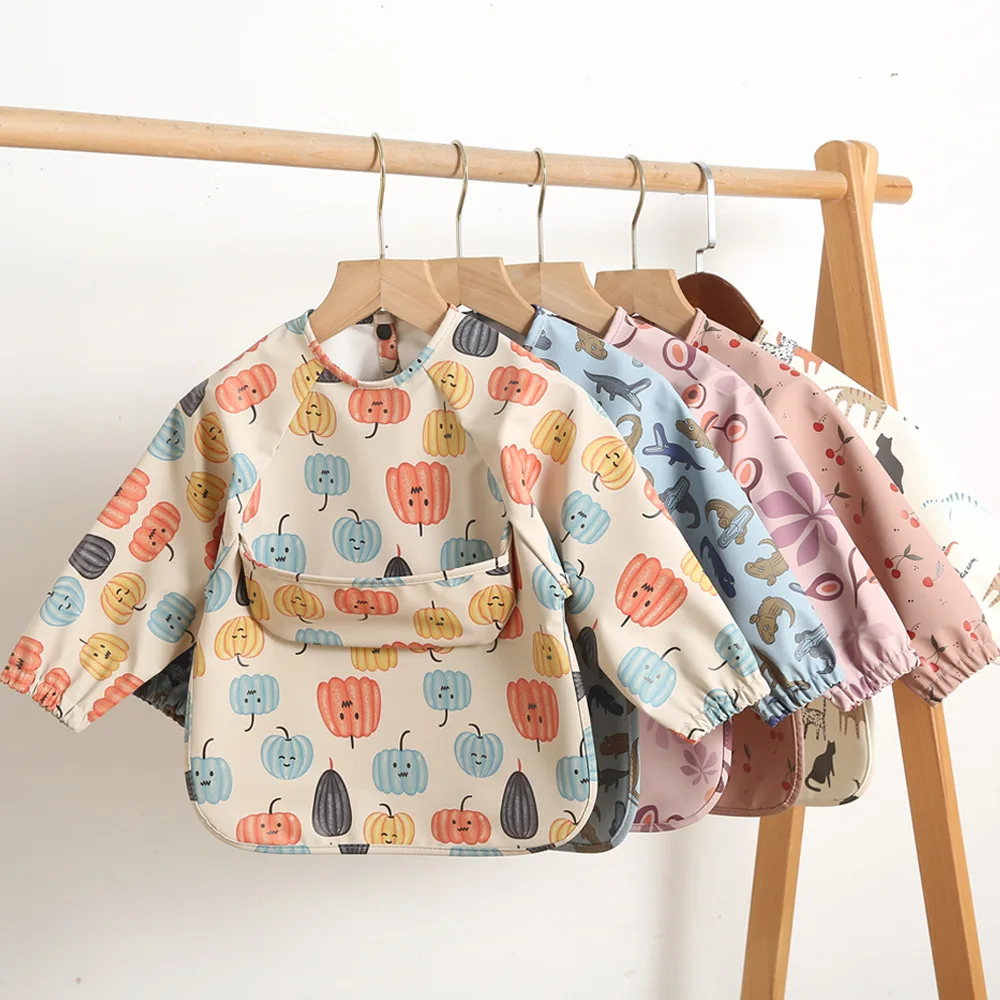 Long Sleeved Soft PU Baby Bib Painting Waterproof Meals Protection Washable for Children