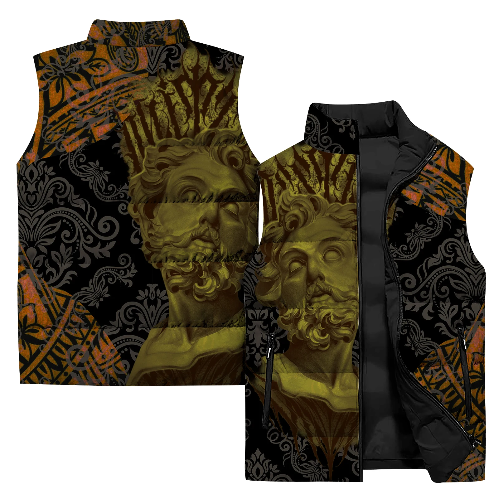 thumbnail image 1 of Chalecos de invierno para hombre, chaleco con cremallera y cuello alto, chaquetas para hombre, chaleco con estampado de estatuas, ropa para hombre 2024, abrigos sin mangas resistentes al viento y al f, 1 of 5