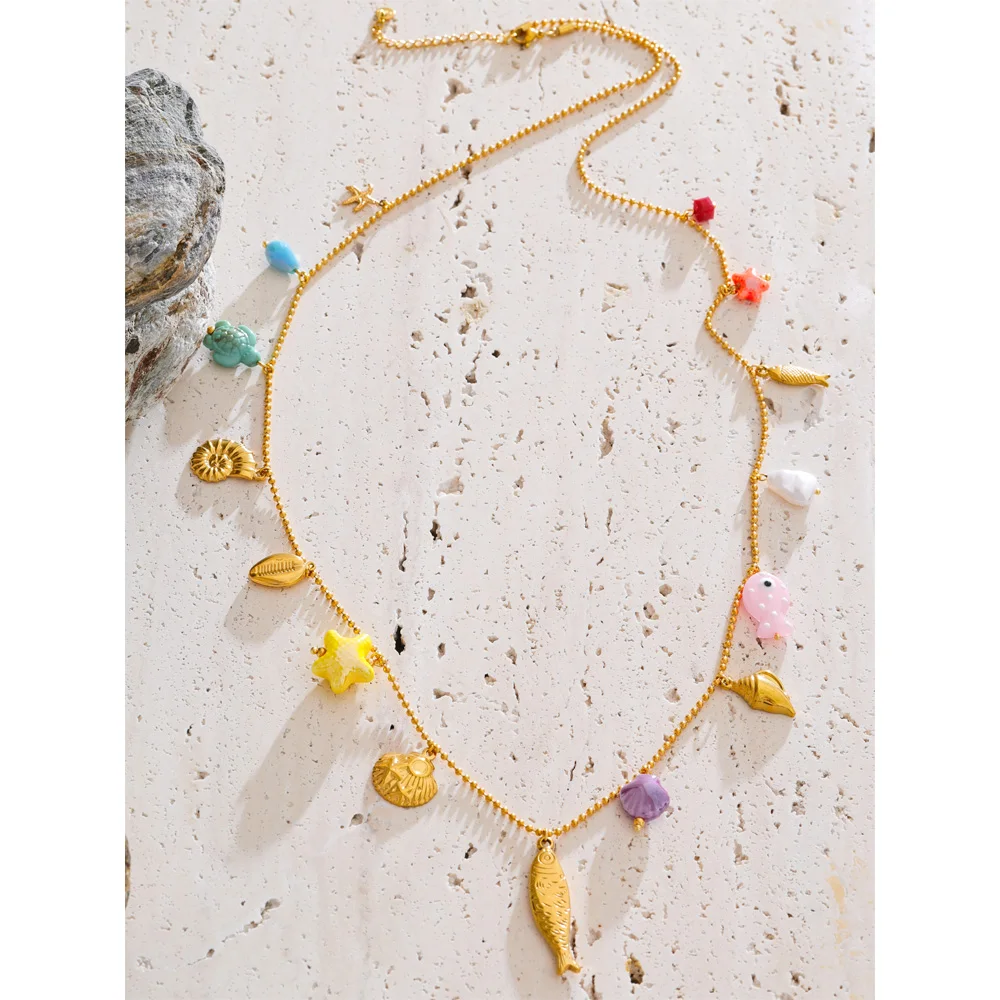 Yhpup 88cm Long Ceramic Starfish Shell Fish Pendant Necklace