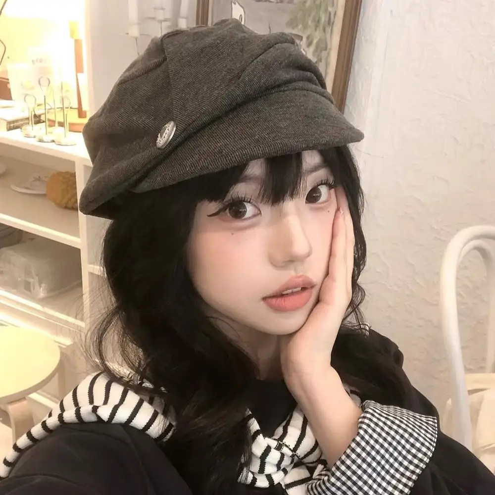 Japanese Style Ruched Button Octagonal Hat Vintage Beret Hat Women Elegant Artist Beret Autumn Winter Casual Brown Peaked Cap