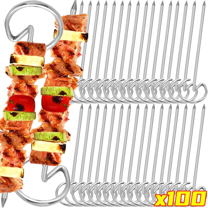 Stainless Steel BBQ Skewers Reusable Air Fryer Oven Meat Baking Stand Sticks Portable Kitchen Grill Barbecue Skewer Cooking Tool
