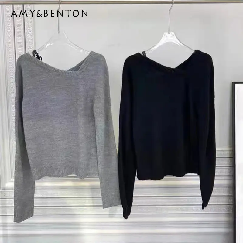 

Spring and Autumn New Off-Shoulder Diamond Letter Braces Asymmetric Sweater for Women Ins Fashion Long Sleeve Pullover