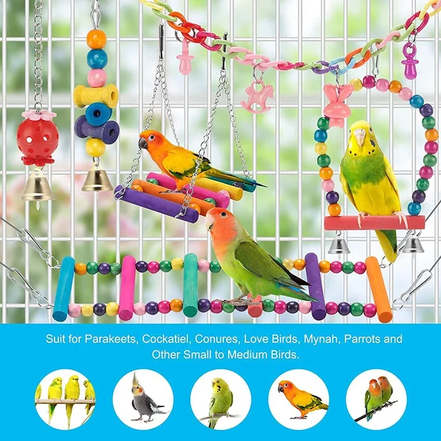 Bird Cage Toys for Parrots Wood Birds Swing Reliable Chewable Bite Bridge Wooden Beads Shape Parrot Toy 11pcs Bird Toys parrot 3