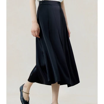 ZIQIAO 새틴 템퍼러먼트 심플 우산 스커트, 하이웨이스트 슬림 2024, 여름 플리츠 A 라인 스커트, 24ZQ92060