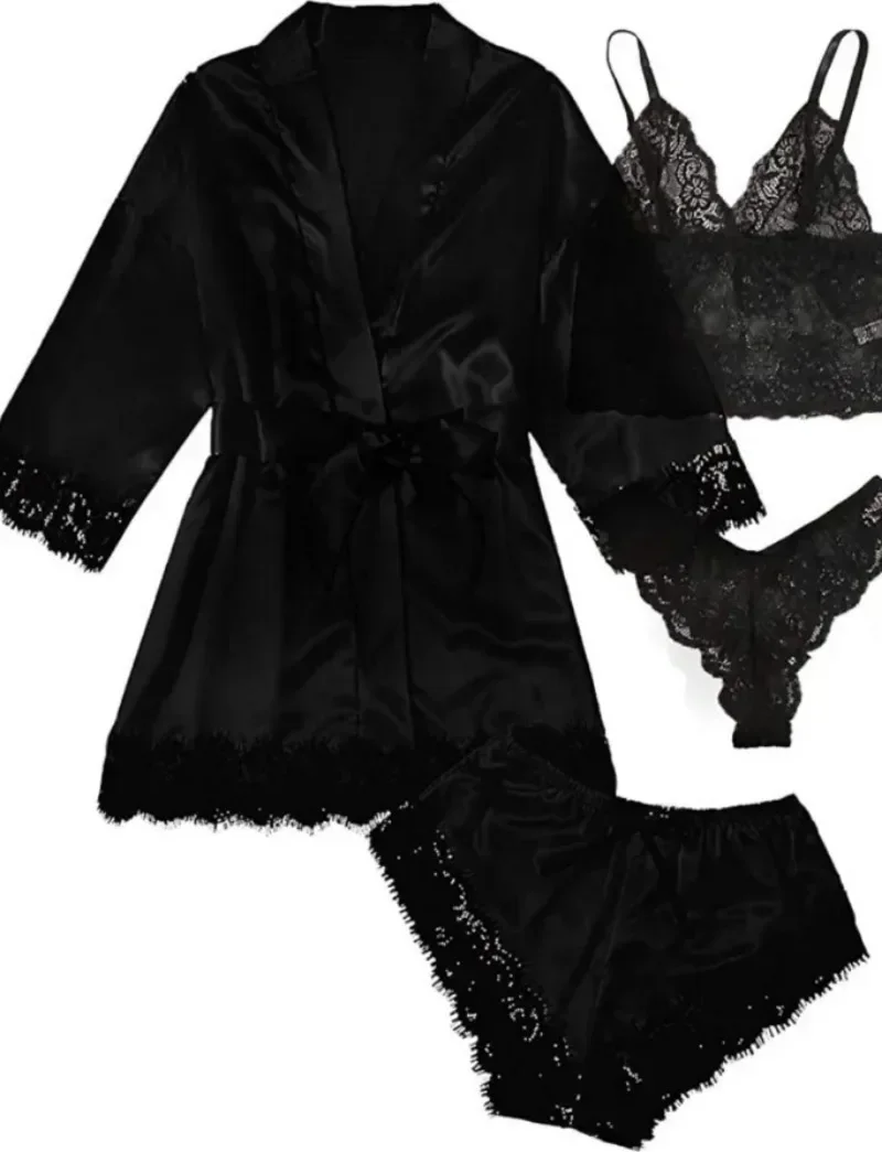 4pcs/set Women Pajamas Fashion Robe Sleep Skirt Nightwear Lace Satin with Silk Sleepwear Robe Sexy Pajama Pants Home Clothes