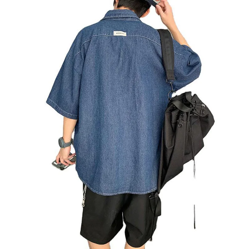 Summer Denim Shirt Men Short Sleeve Cargo Shirt Coat Loose University Handsome Top Clothes Cowboy Oversize denim shirt
