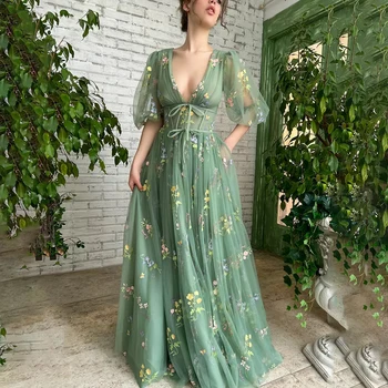 DHAOLU Forest Green Fairy Lace Prom Party Dresses Puff Sleeves A-Line Foraml Graduation Gowns Pleat Lace Evening Dance Dress 1