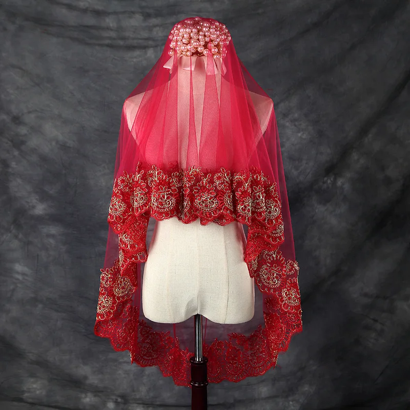

Red/Claret Bridal Hair Accessories 1.5/2/3M Bride Wedding Veil Tailing Noble Elegant Romantic 1 Layer Lace Without Comb