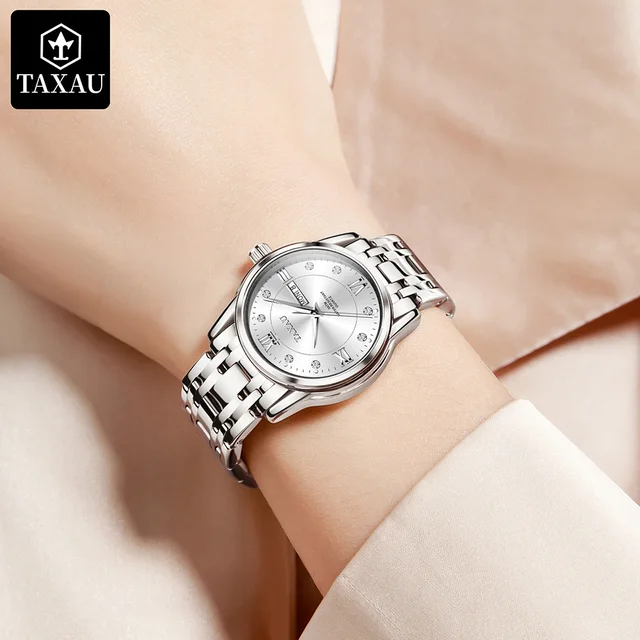 TAXAU-Relógio de pulso impermeável de aço inoxidável feminino, Trend Classic, Vestido elegante, Luxo 3