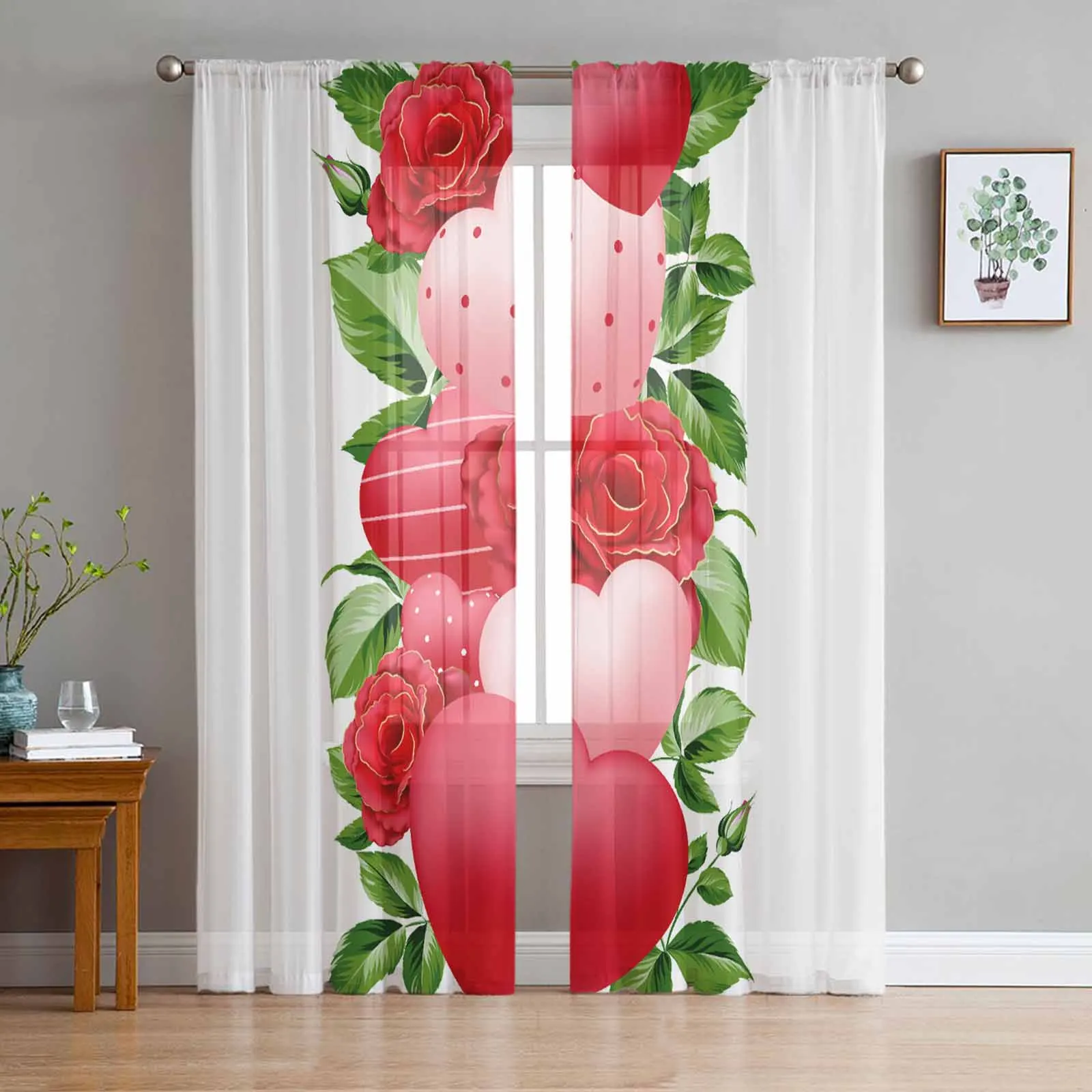 

Valentine'S Day Love Roses Sheer Curtains for Bedroom Living Room Decoration Window Curtain Kitchen Tulle Voile Organza Drapes