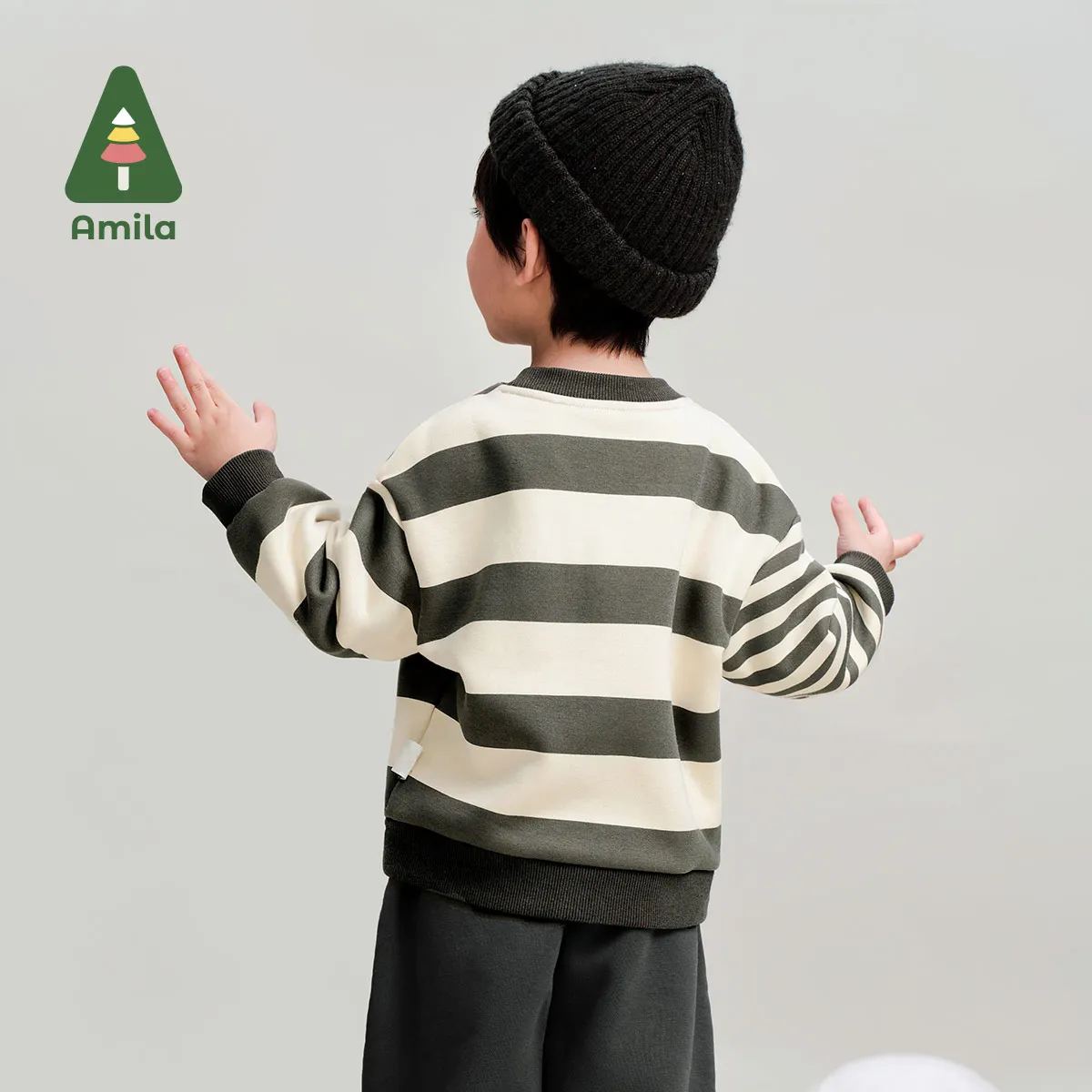 Amila Baby Sweatshirt Winter New High Quality Boys And Girls Striped Plus Velvet Warm Skin-Friendly Loose Children&rsquo;s Tops